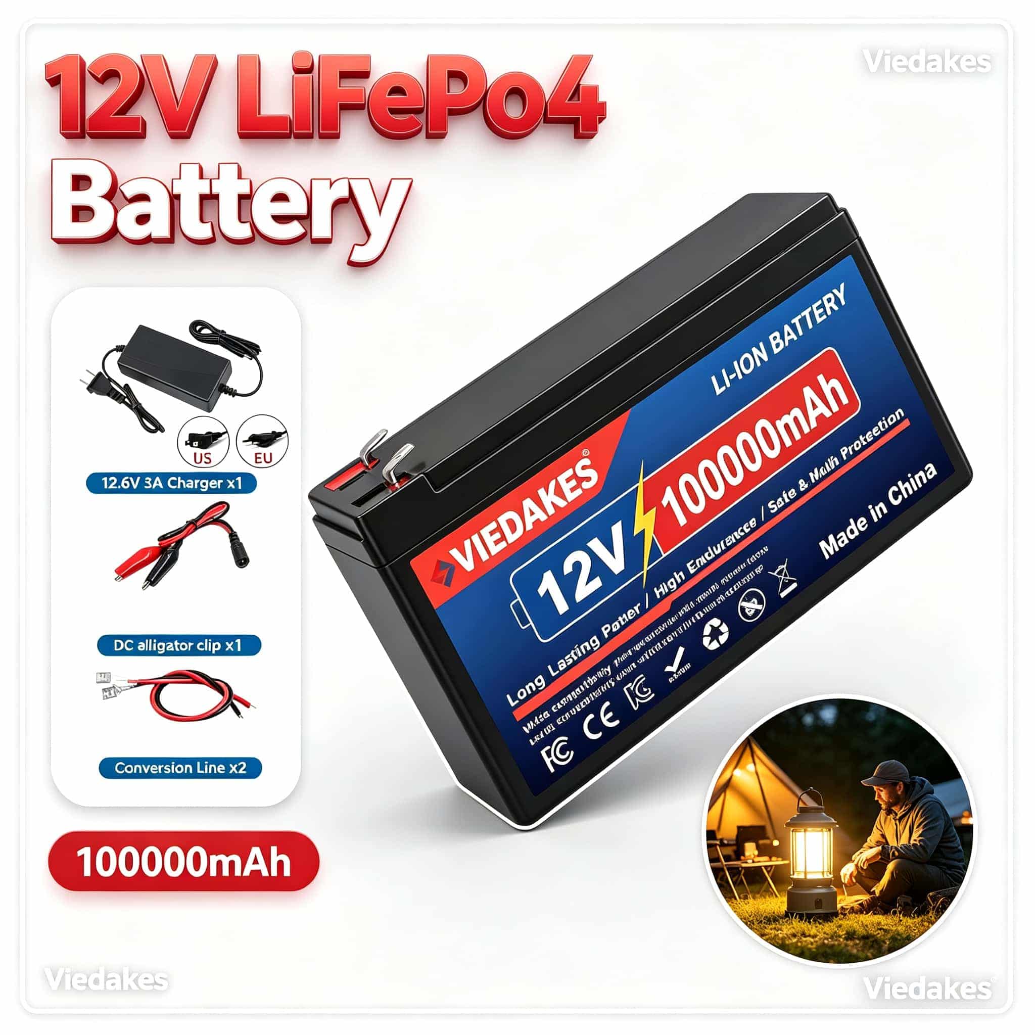 Outdoor Power Pack - VIEDAKES 12V LiFePO4 Rechargeable Battery 100000mAh